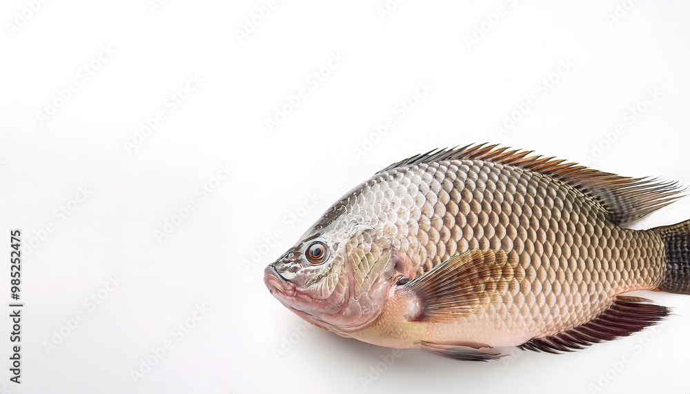 Obraz premium Tilapia are freshwater cichlid fish inhabiting shallow streams, ponds, rivers, and lakes. a popular and affordable food around the world. Isolated on white background with copy space.