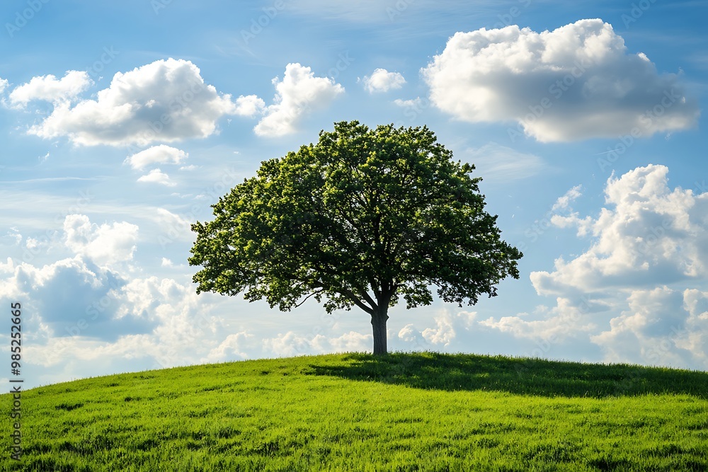 Single tree on green hill with blue sky and white clouds, nature, landscape photography Single tree on green hill with blue sky and white clouds, nature, landscape photography