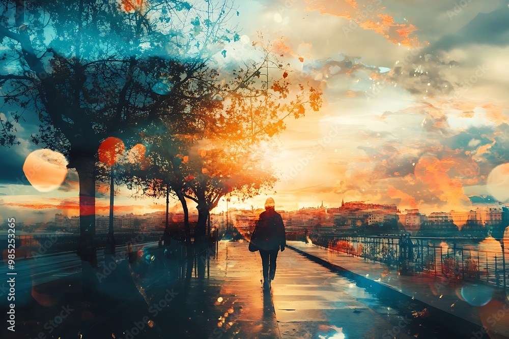 Silhouette of a person walking towards sunset, abstract dreamscape painting Silhouette of a person walking towards sunset, abstract dreamscape painting