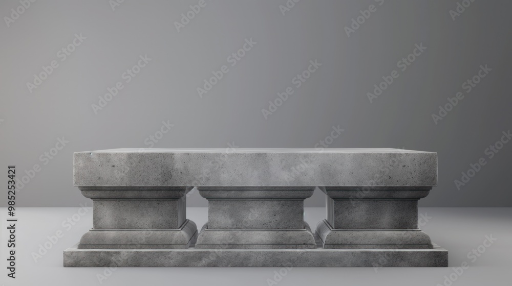 Gray stone pedestal on gray background in minimalist style. Simple, empty dais for presentation, display. Concrete, cube-shaped pedestal on blank composition. Graphic design, advertising, exhibition Gray stone pedestal on gray background in minimalist style. Simple, empty dais for presentation, display. Concrete, cube-shaped pedestal on blank composition. Graphic design, advertising, exhibition