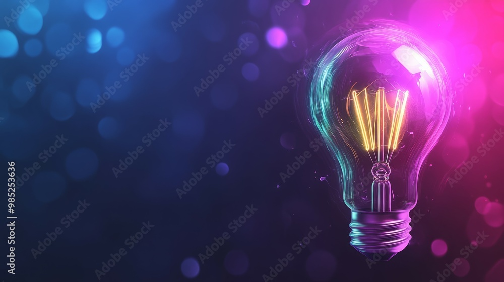 A glowing lightbulb with colorful bokeh background. A glowing lightbulb with colorful bokeh background.