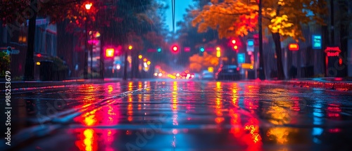 Wet city street at night with reflections of streetlights.