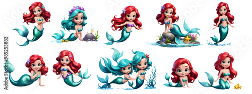Illustration set of Cute little Mermaid Cartoon. White background