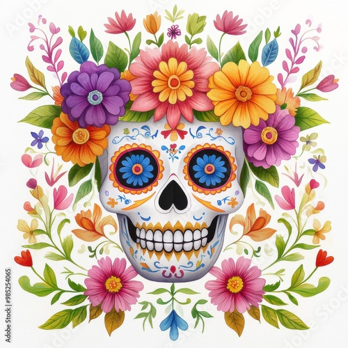 A colorful sugar skull adorned with vibrant flowers, representing the Day of the Dead, showcasing intricate designs and festive spirit.