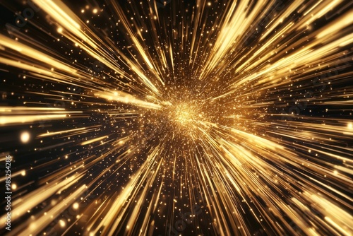 mesmerizing burst of golden particles erupts from the center, glowing brilliantly as they scatter energetically across a deep black space, creating an enchanting display.