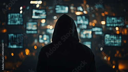 Hooded Figure Against a Background of Blue and Orange Lights