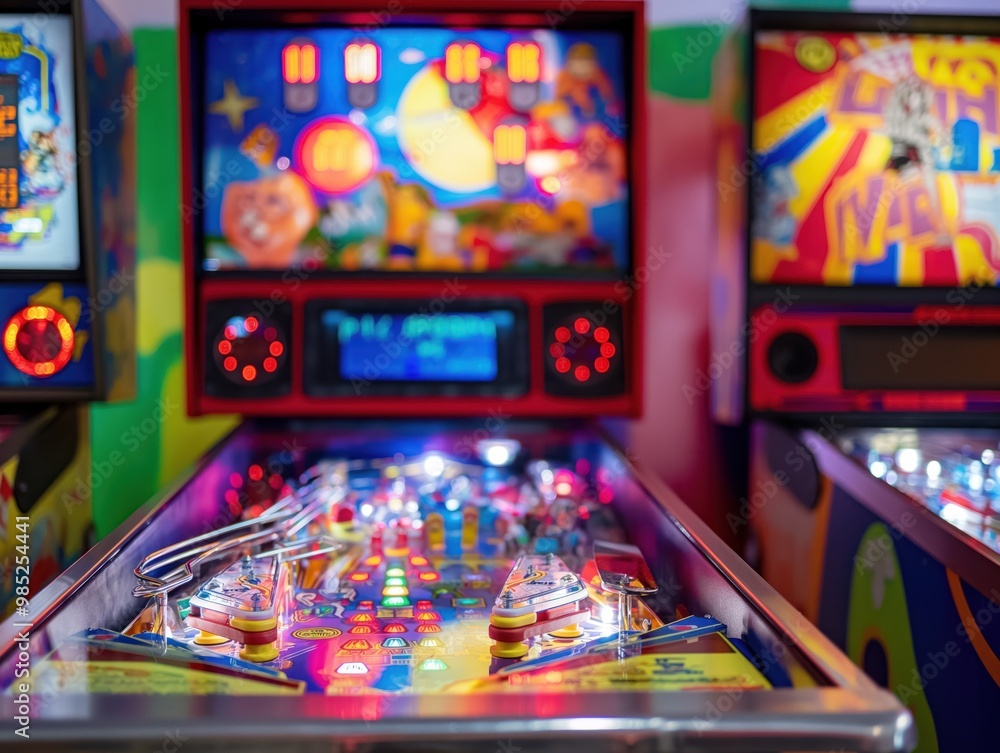 Brighton arcade pinball game machine with colorful, shiny details. Close-up of illuminated game machine with fun, playful design. Bright lights, colorful shapes, vibrant colors create lively Brighton arcade pinball game machine with colorful, shiny details. Close-up of illuminated game machine with fun, playful design. Bright lights, colorful shapes, vibrant colors create lively