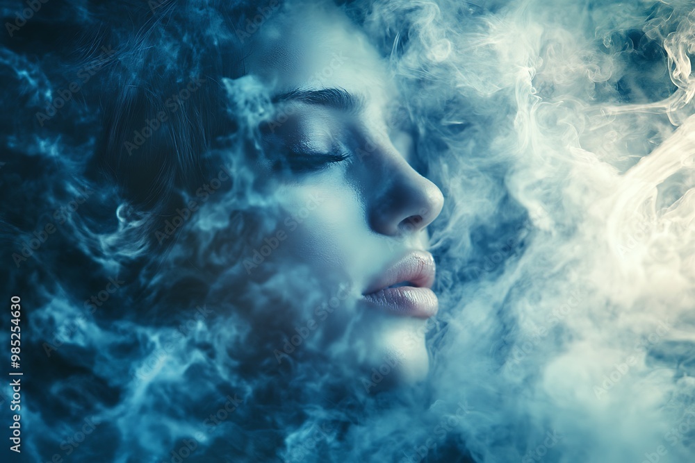 Fototapeta premium Woman surrounded by ethereal blue smoke, dreaming or lost in thought.