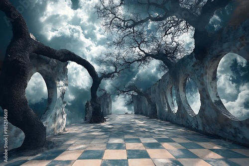 Surreal pathway through a mystical forest with a checkered floor and cloudy sky photo