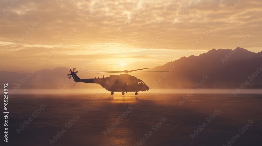 Helicopter Silhouette at Sunset Over Mountains Helicopter Silhouette at Sunset Over Mountains