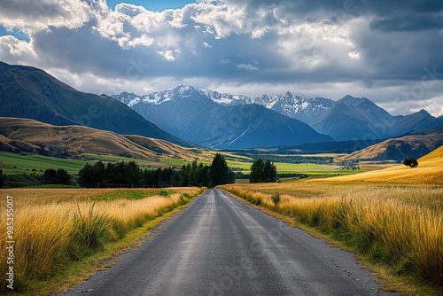 Asphalt road through rolling fields to majestic mountains in rural New Zealand. Scenic route winds way through rich green grasslands, towards rugged highland mountains. Clear blue sky with white