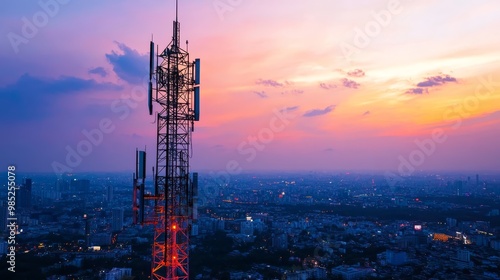 Telecommunication Tower Silhouette at Sunset Over Cityscape