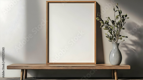 Empty Wooden Frame on a Wooden Shelf with Greenery