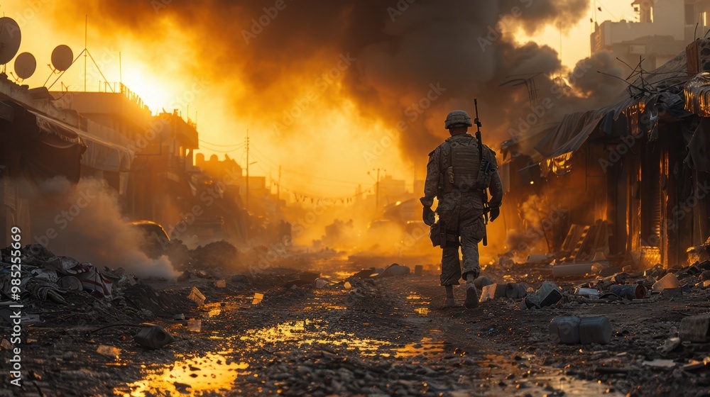 Obraz premium A highly realistic image of a person engaged in Soldiers – Assisting disaster victims in disaster zones The scene is well-lit, with natural light highlighting the details. The background is 