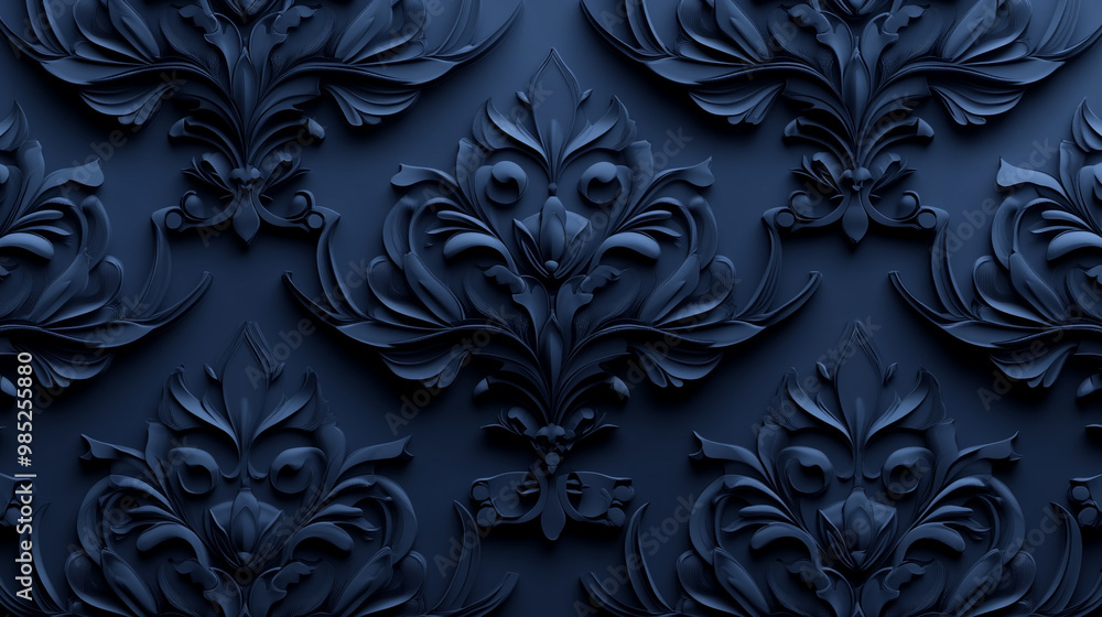 Elegant dark blue damask pattern showcasing intricate floral details, perfect for backgrounds or stylish design projects. Elegant dark blue damask pattern showcasing intricate floral details, perfect for backgrounds or stylish design projects.