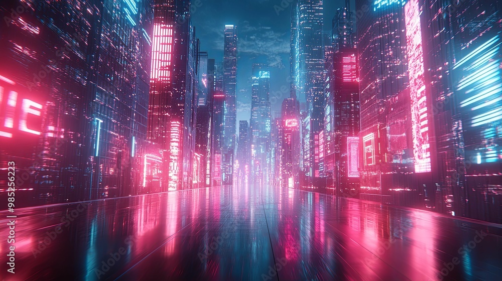 Obraz premium Futuristic Cityscape with Neon Lights and Reflections