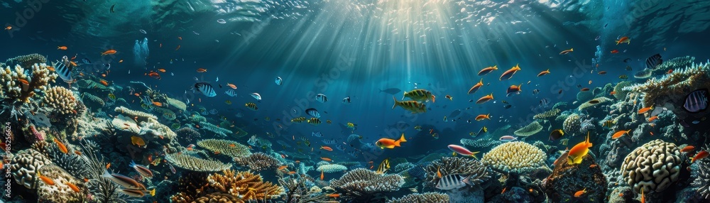 Naklejka premium A beautiful underwater scene with a variety of fish swimming around