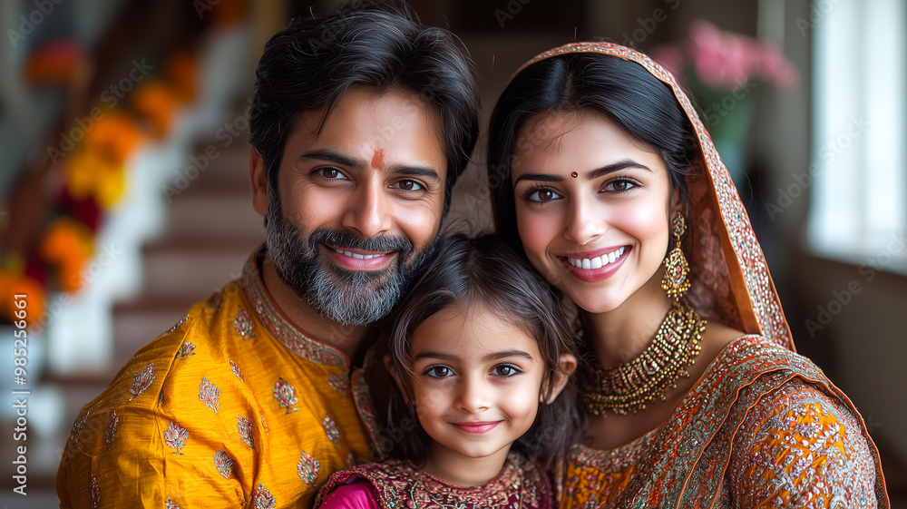 A happy nuclear family posing on the entrance stairs of their home, with blurred Diwali festive decorations in the background A happy nuclear family posing on the entrance stairs of their home, with blurred Diwali festive decorations in the background