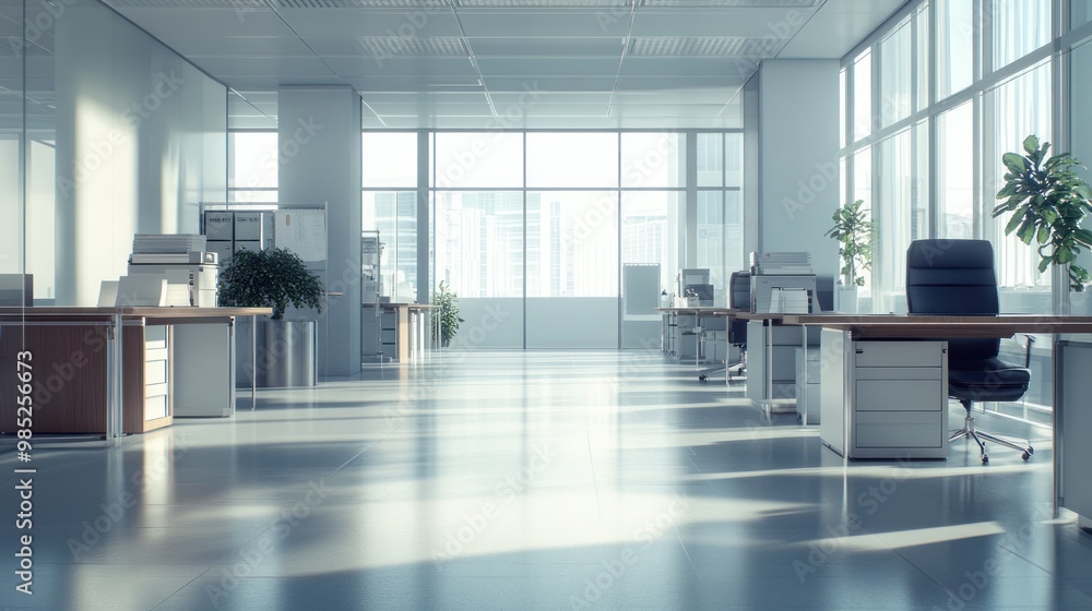 Modern office interior with large windows and minimalist design. Modern office interior with large windows and minimalist design.
