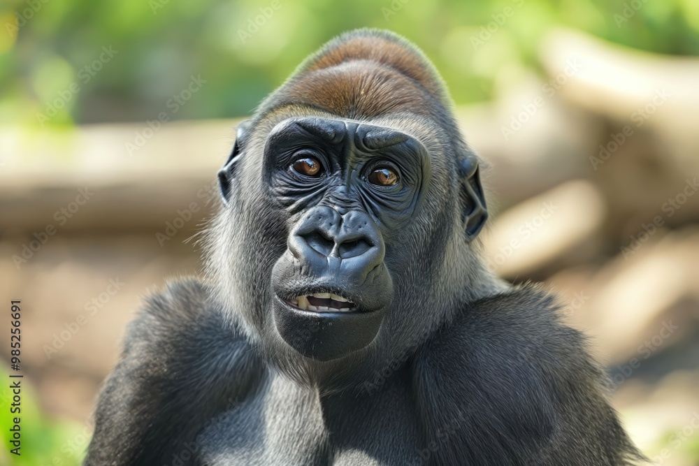 Close-up portrait of gorilla outdoors in jungle setting. Primate strong face is set in playful expression, with smirking smile. Monkey eyes sparkle with mischief amidst lush green foliage. Close-up portrait of gorilla outdoors in jungle setting. Primate strong face is set in playful expression, with smirking smile. Monkey eyes sparkle with mischief amidst lush green foliage.