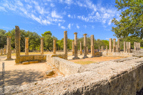 Obraz na plátně The ruins of the Palaestra wrestling school at the ancient site of Olympia, Greece, site of the first games, in the Peloponnese region