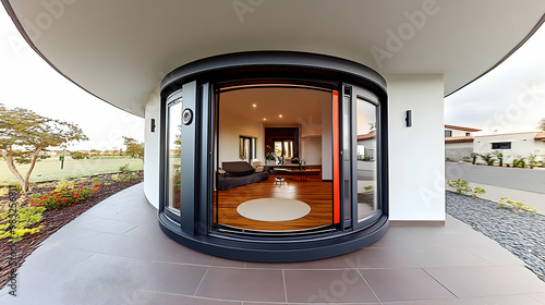 Modern Home Exterior with Curved Glass Doors - Photo