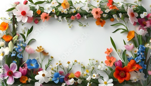 Vibrant spring flower frame displaying an array of blooming blossoms against a clean white backdrop photo