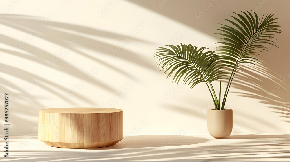 Obraz premium Wooden Podium with Palm Leaf Shadows 3D Illustration