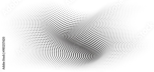 Flowing Wave Dot Halftone Pattern: Curve Gradient Shape on Transparent Background. Suitable for AI, Tech, Network, Digital, Science, and Technology Themes.