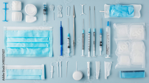 Disposable surgical scalpels, syringes, and instruments laid out in a sterile environment