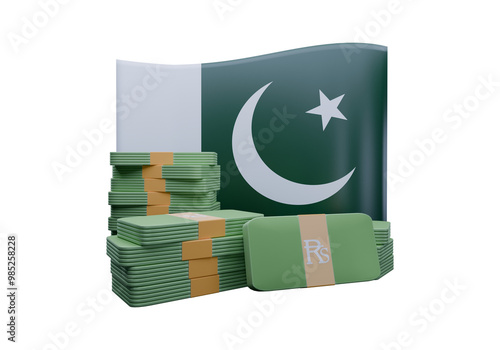 3D render illustration of Pakistan flag and currency called Rupee photo