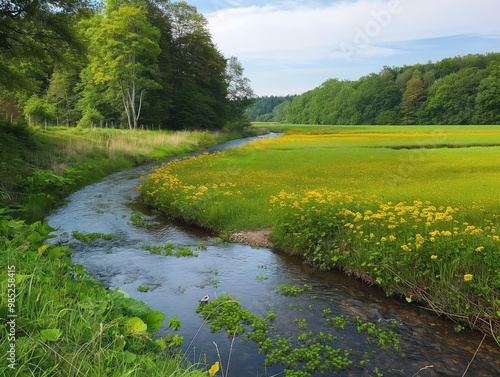 Serene landscape with a meandering canalized stream through a lush green meadow. A dense forest backdrop with tall trees and foliage. Summer season with vibrant greenery and blooming flowers. photo