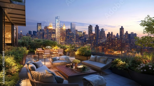 Urban Rooftop Lounge with City Skyline at Dusk