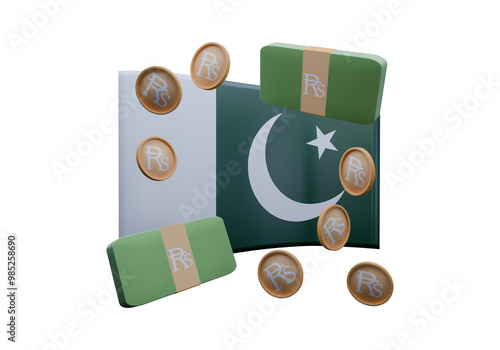 3D render illustration of Pakistan flag and currency called Rupee photo