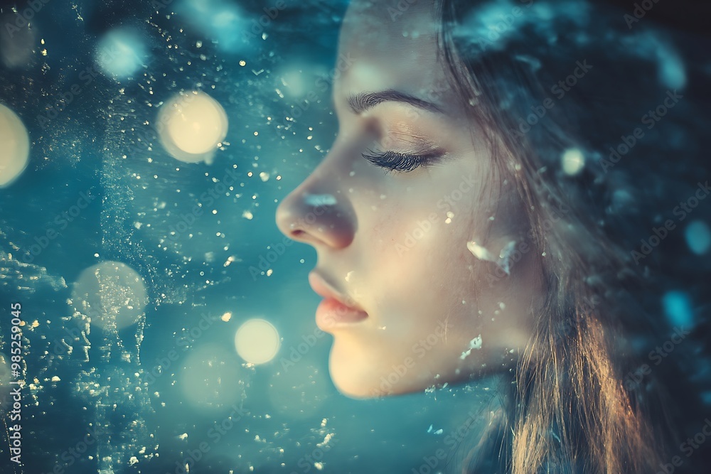 Closeup portrait of a woman with water drops on face, artistic lighting effect, dreamy mood, soft focus Closeup portrait of a woman with water drops on face, artistic lighting effect, dreamy mood, soft focus