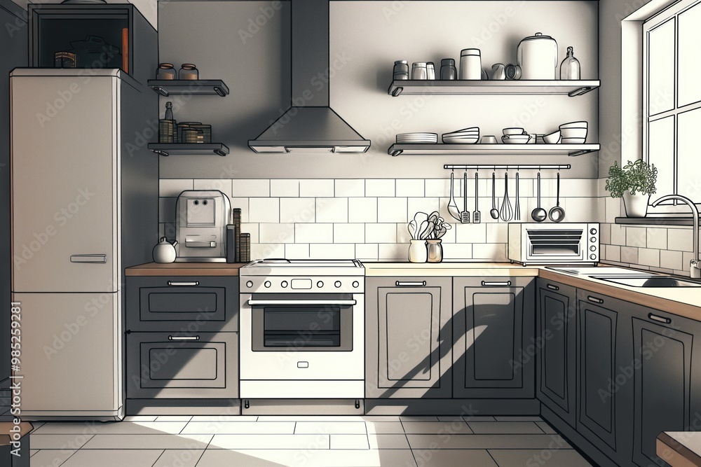 Modern kitchen with monochromatic color palette. Grey shelves hold pots, pans on sleek countertop. Marble, granite surfaces add industrial touch. Minimal design with cabinet, appliance. Trendy, open Modern kitchen with monochromatic color palette. Grey shelves hold pots, pans on sleek countertop. Marble, granite surfaces add industrial touch. Minimal design with cabinet, appliance. Trendy, open