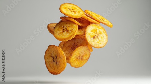 A photographic capture of golden fried plantain chips suspended in mid-air, showcasing their crispy texture and vibrant color against a minimalistic background.