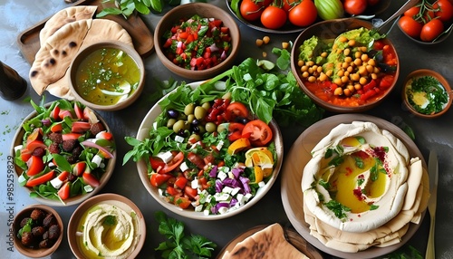 Mediterranean Culinary Delight: A Colorful Spread of Falafel, Hummus, Baba Ganoush, Tabbouleh, and Fresh Pita Bread