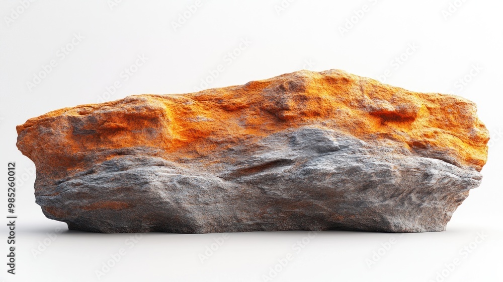 A textured rock with orange and gray hues against a white background. A textured rock with orange and gray hues against a white background.