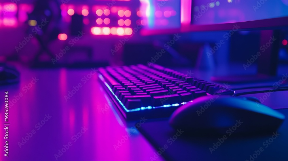 A keyboard and mouse illuminated by neon lights. A keyboard and mouse illuminated by neon lights.
