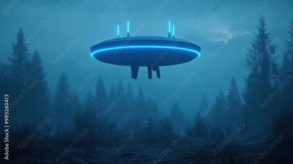 A mysterious flying saucer hovers over a foggy forest, emitting a soft blue glow, evoking curiosity and wonder about the unknown. A mysterious flying saucer hovers over a foggy forest, emitting a soft blue glow, evoking curiosity and wonder about the unknown.
