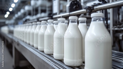 Bottles of milk on a production line in a factory setting.