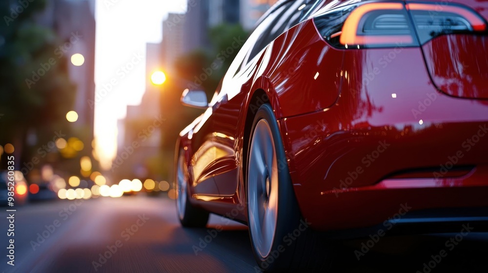 Sleek red car parked in an urban street during sunset, showcasing modern design and city life. Sleek red car parked in an urban street during sunset, showcasing modern design and city life.