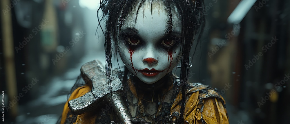 A creepy doll with red eyes, a red nose, and a bloody face holds a hammer in a dark alley. A creepy doll with red eyes, a red nose, and a bloody face holds a hammer in a dark alley.