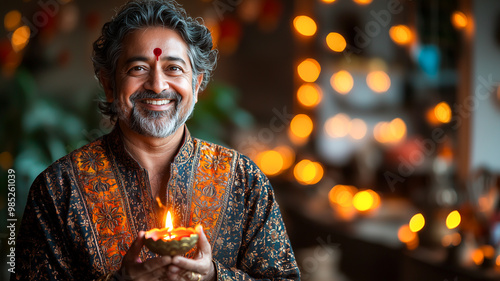 Indian father in traditional attire, holding a puja thali with diyas