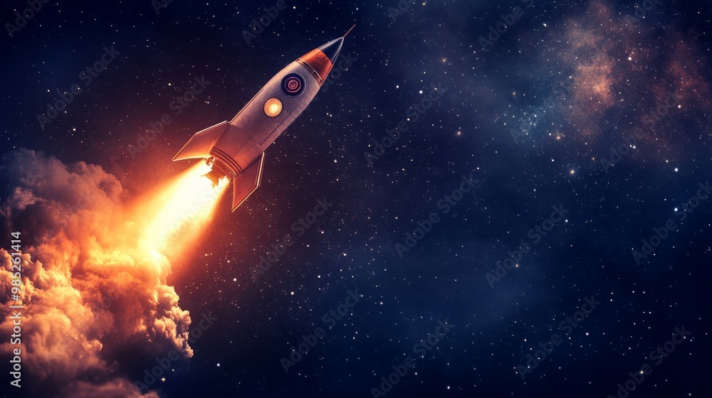 Naklejka premium A rocket blasts off into the starry night sky.