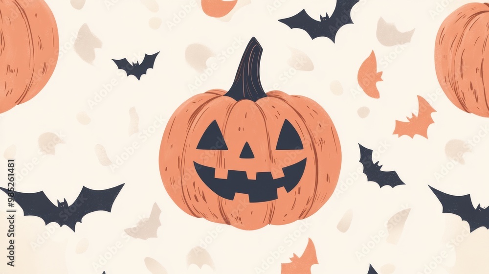 This image features a smiling jack-o'-lantern pumpkin centered with various flying bats around it, set against a light background, perfect for Halloween themed projects. This image features a smiling jack-o'-lantern pumpkin centered with various flying bats around it, set against a light background, perfect for Halloween themed projects.