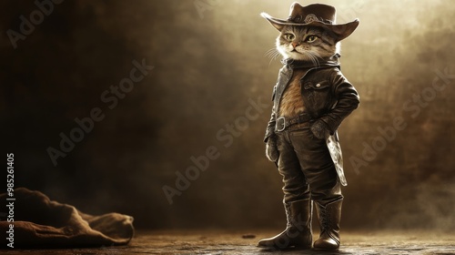 A charming cat standing on its hind legs, donning a full cowboy outfit complete with hat and leather boots, embodying adventure, bravery, and a touch of whimsy in rich, detailed artwork. photo