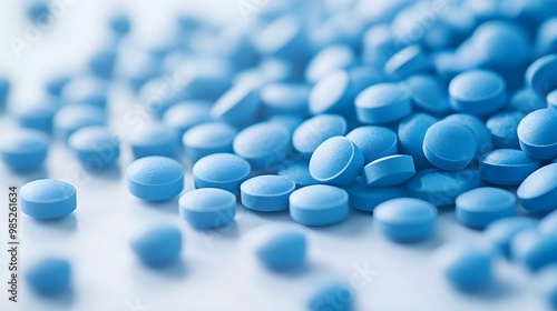 Blue pills on a white background. Selective focus. Shallow depth of field. - Generated AI