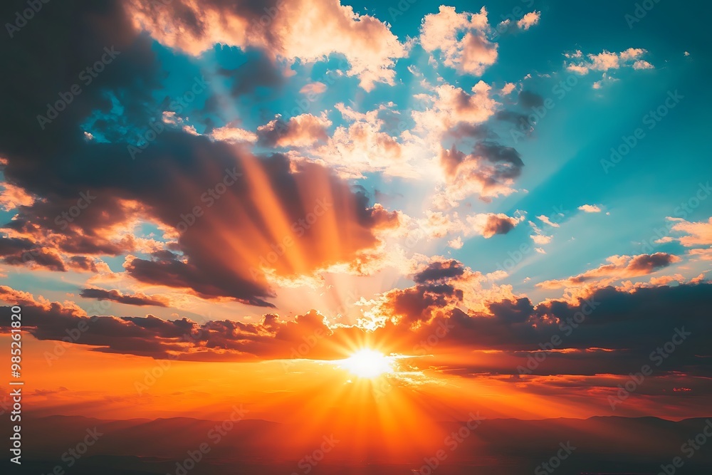 Dramatic Sunset with Golden Rays of Sunlight Shining Through Clouds Dramatic Sunset with Golden Rays of Sunlight Shining Through Clouds